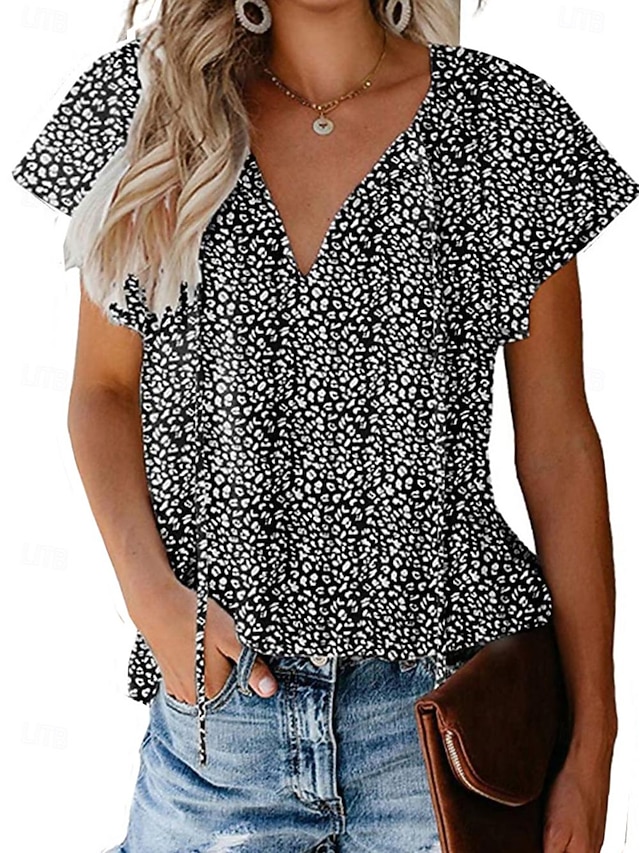 Women's Shirt Blouse Leopard Casual Short Sleeve V Neck Regular Tops Daily Lace up Print Black Yellow Red Blue Green Summer 6