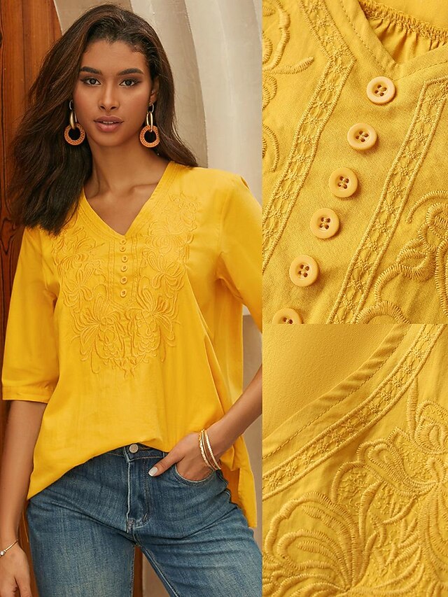 Flower Embroidered Trim Half Sleeve Blouse