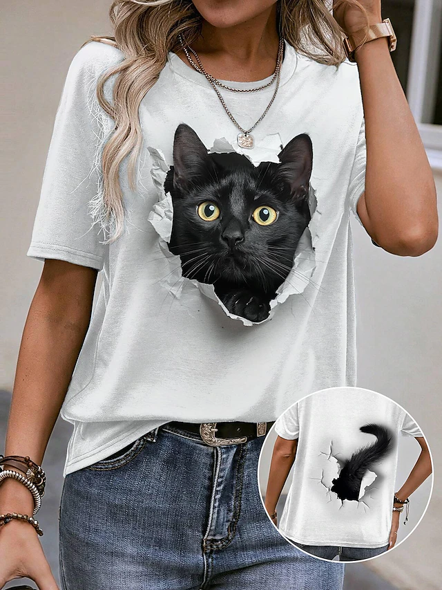 Women's T Shirt Casual Short Sleeve Round Neck Cat 3D Print Illusion Graphic Novelty Tee White Breathable Soft Comfortable Summer Daily Wear Pet Lovers Clothing 12
