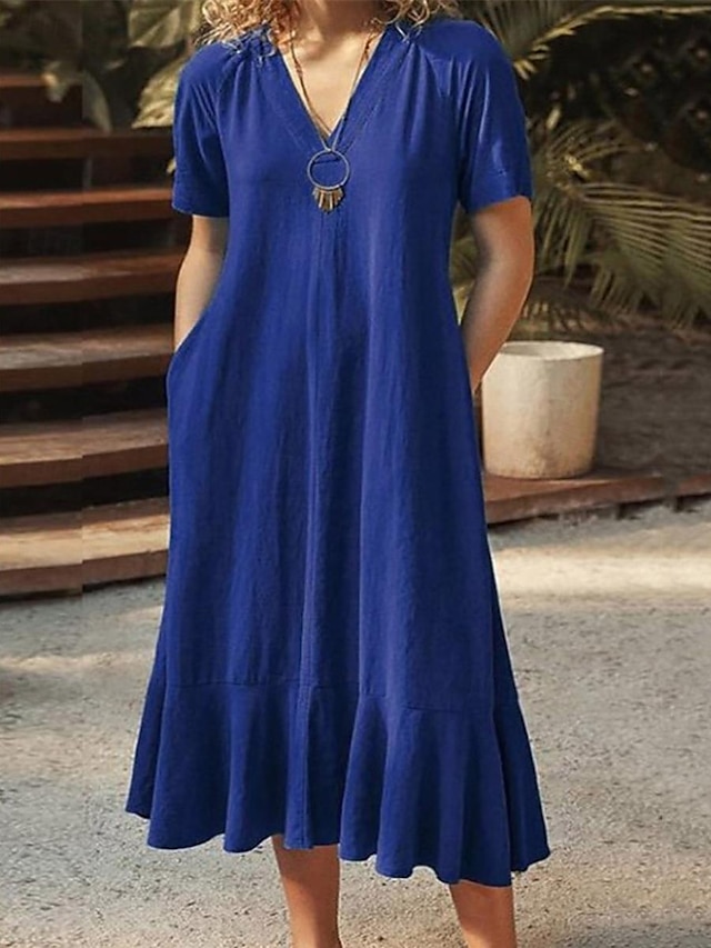  Women's Casual Dress Midi Dress Pocket Vacation Basic Casual V Neck Short Sleeve Black Wine Blue Color