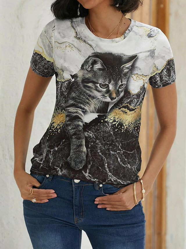 Women's T shirt Tee Black White Blue Graphic Cat Print Short Sleeve Daily Weekend Vintage Round Neck Regular 3D Cat Painting S 10