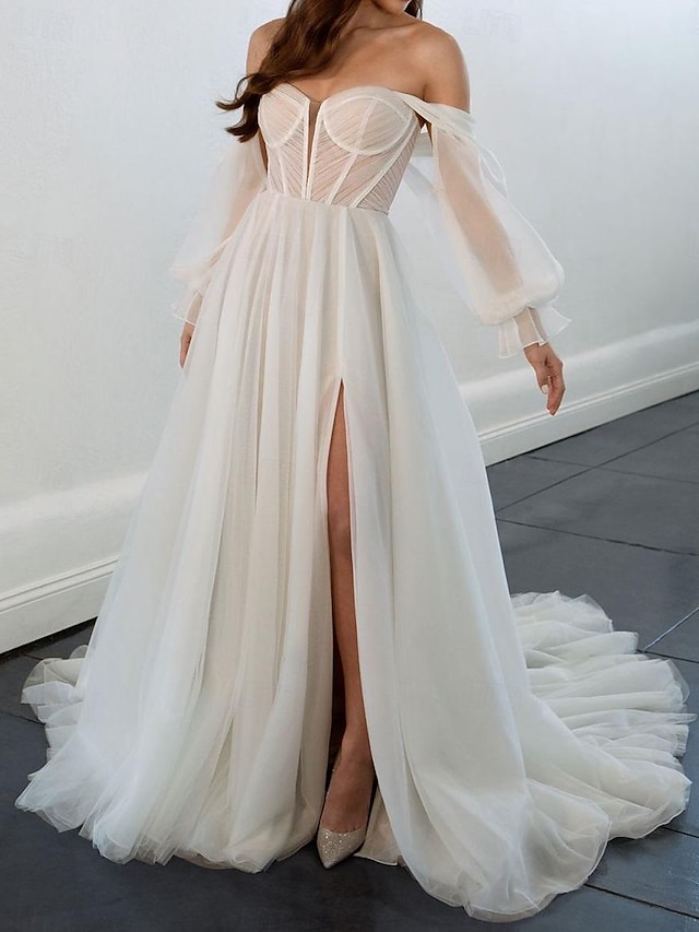  Szalon Szüret Esküvői ruhák A-vonalú Aszimmetrikus Hosszú ujj Udvariuszály Sifon Menyasszonyi ruhák Val vel Ráncolt 2024