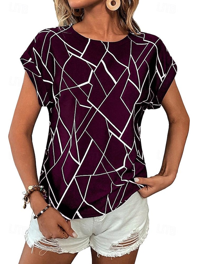  Women's T shirt Tee Geometric Print Daily Weekend Fashion Short Sleeve Round Neck Black Summer