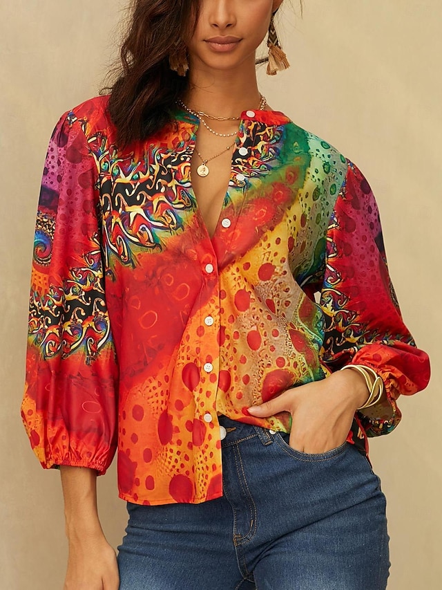  Dames Overhemd Blouse Grafisch nappi Afdrukken Casual Dagelijks Basic Neon en helder Lange mouw V-hals Geel Herfst winter