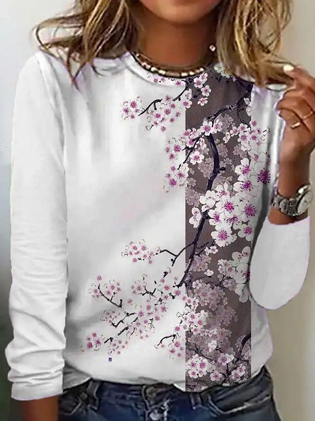  Mujer Camiseta Floral Estampado Festivos Fin de semana Básico Manga Larga Escote Redondo Blanco Otoño invierno