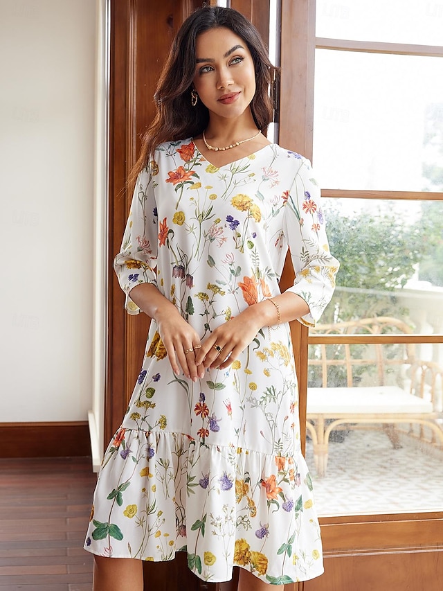  Women's Floral Ruffle Print V Neck Midi Dress 3/4 Length Sleeve Summer Spring