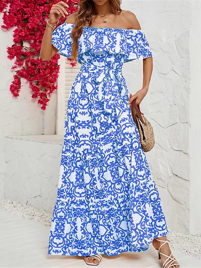  Women's Casual Dress Swing Dress A Line Dress Floral Ruffle Pocket Off Shoulder Long Dress Maxi Dress Stylish Casual Daily Date Short Sleeve Summer