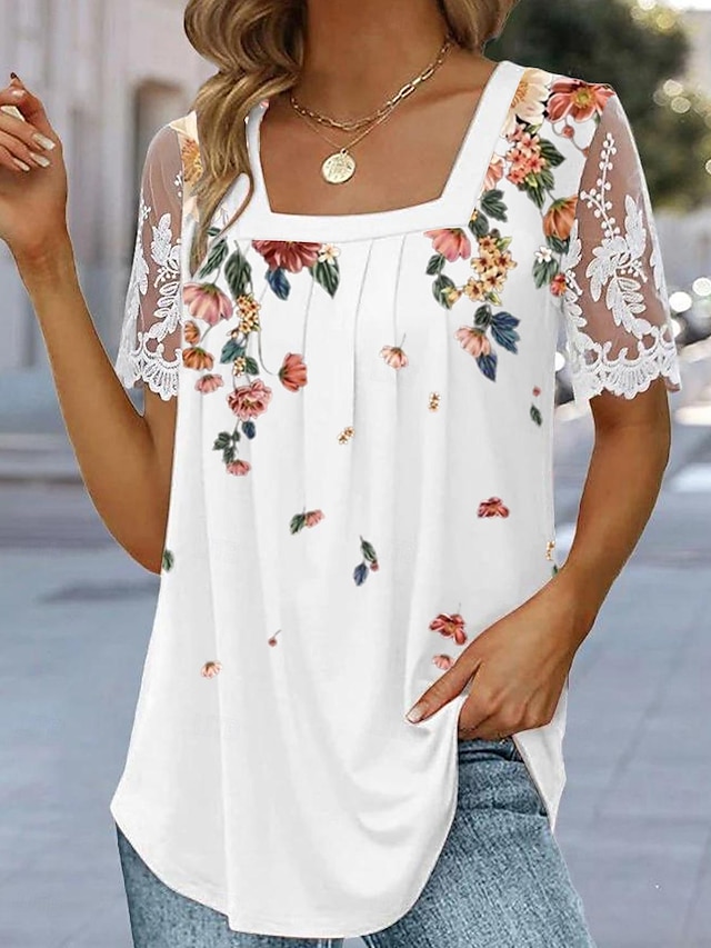  Mujer Camiseta Camiseta de encaje Top de patchwork de malla Floral Festivos Fin de semana Encaje Estampado Blanco Manga Corta Básico Escote Cuadrado