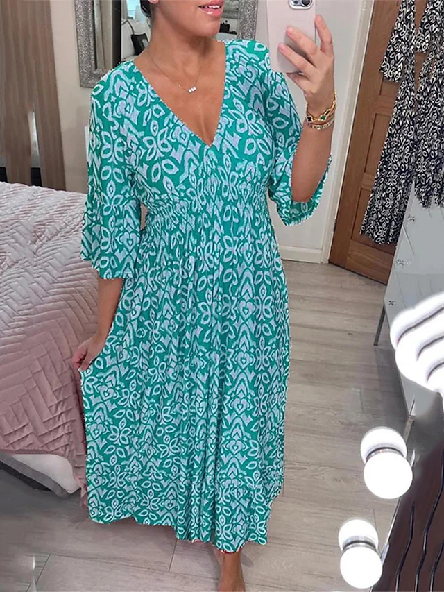 Women's Casual Dress Floral Print V Neck Long Dress Maxi Dress Ethnic Casual Daily Vacation 3/4 Length Sleeve Summer 5