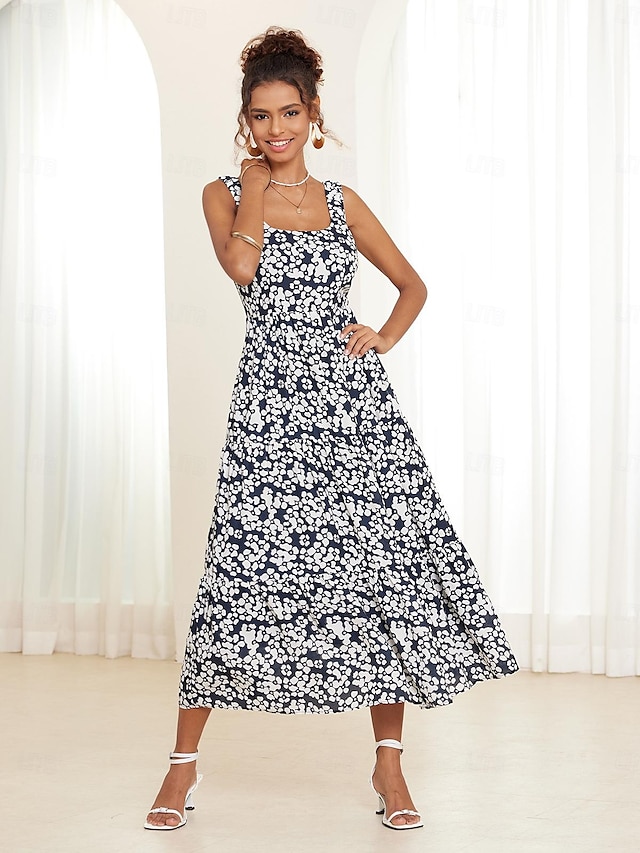  Women's Slip Maxi Dress Chiffon A Line Dress Floral Print Strap Maxi Dress Hawaiian Vacation Sleeveless Summer