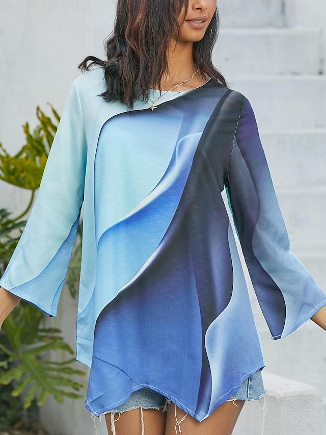  Damen Hemd Bluse Chiffon Graphic Abstrakt Bedruckt Asymmetrisch Casual Täglich Basic Neon und Hell Langarm Rundhalsausschnitt Blau Herbst Winter