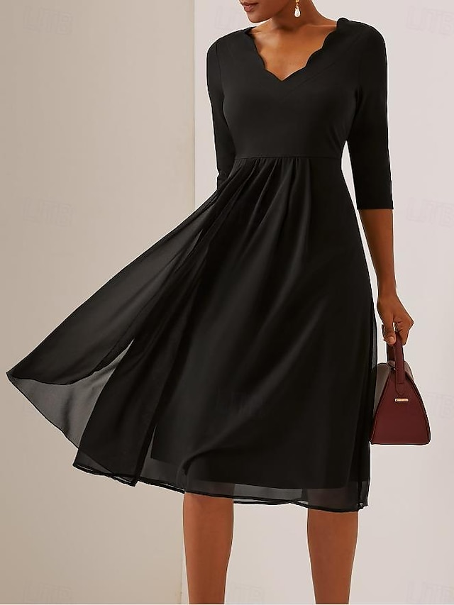  Women's Black Dress Midi Dress Chiffon Pleated Draped Date Vacation Elegant Vintage V Neck Short Sleeve Black Color