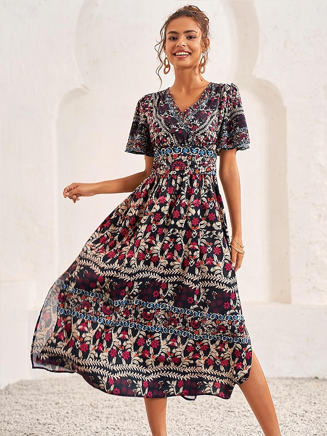 HUIJZG Vestido Corto Acampanado Para Mujer, Cuello En V, Corte Bajo, Manga Corta, Ajustado, Vestidos Casuales De Verano, Blanco