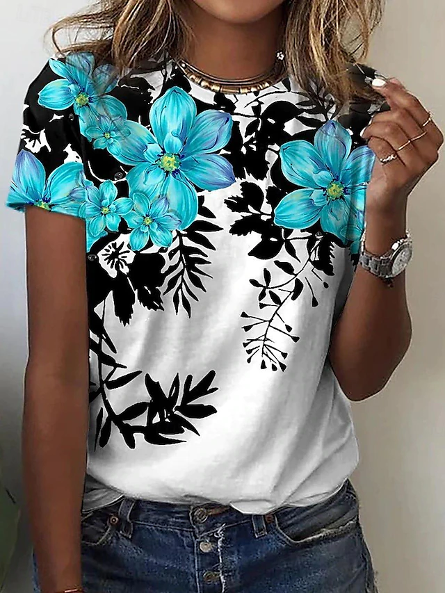 Women's T Shirt Floral Fashion Short Sleeve Round Neck Regular Tops Vacation Weekend Print Pink Blue Gray Light Blue Summer 5