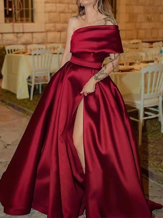  A-Line Evening Gown Celebrity Style Dress Prom Wedding Reception Floor Length Short Sleeve One Shoulder Fall Wedding Guest Satin with Slit 2024