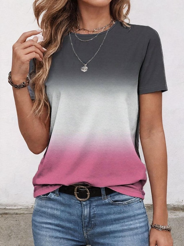  Damen T Shirt Farbverlauf Täglich Stilvoll Kurzarm Rundhalsausschnitt Rosa Sommer
