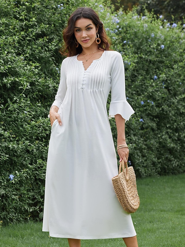  Women's White Dress Midi Dress Ruched Pleated Elegant V Neck Half Sleeve White Color