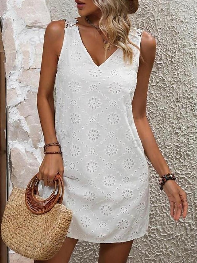 Γυναικεία Λευκό φόρεμα Φόρεμα Φόρεμα για τον ήλιο Μίνι φόρεμα Δαντέλα Καθημερινό Καθημερινά Διακοπές κρύος ώμος Αμάνικο Καλοκαίρι Άνοιξη Λευκό Σκέτο