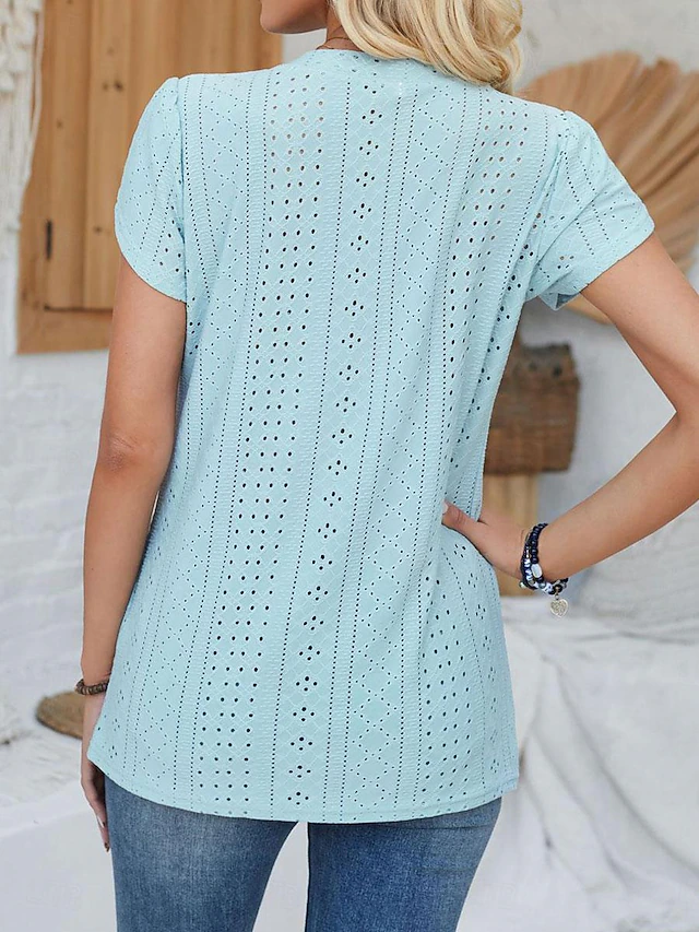 Women's Elegant Lace Tops Eyelet Blouse Daily Stylish Plain Regular Tops Short Sleeve V Neck Lace Buttons Regular Fit Vacation Daily Romantic Petite Tops Summer Holiday Wear Sage Green White Pink Blue 7