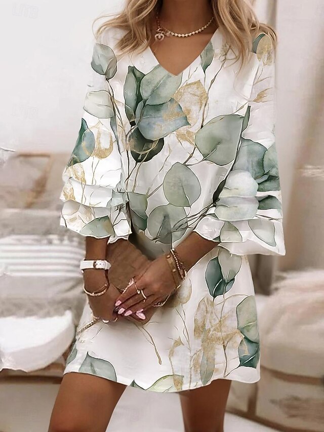 Women's Mini Dress Semi Formal Dress Sundress A Line Dress Summer Dress Fashion Classic Modern Ruffle Sleeve Flared Sleeve Vacation Daily Holiday Regular Fit Floral Graphic Leaf 3/4 Length Sleeve V3