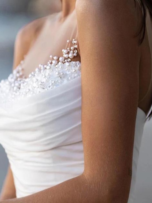 Chic A-line Hot Deep V-Neck Sleeveless Sweep Train Tulle Summer Beach Wedding Dresses