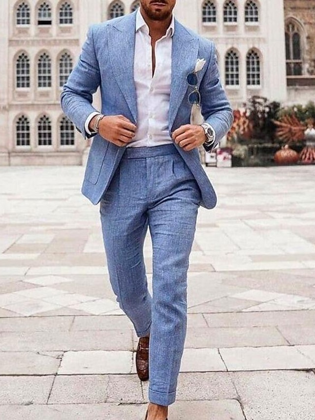  Blue Dark Blue Dark Gray Men's Wedding Beach Summer Linen Suits Solid Colored 2 Piece Tailored Fit Single Breasted One-button 2024