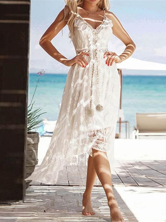  Damen Weißes Kleid Maxidress Spitze Patchwork Verabredung Urlaub Strand Strassenmode Brautkleider schlicht Spaghetti-Träger Ärmellos Weiß Farbe