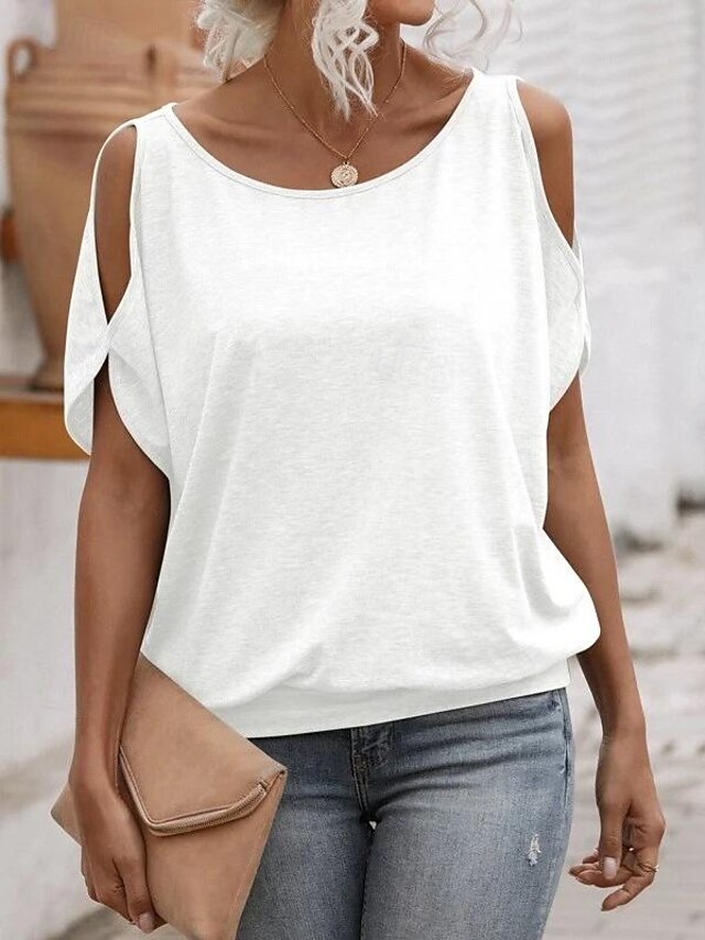 Women's T Shirt Plain Fashion Short Sleeve Round Neck Regular Tops Daily Weekend Cut Out White Pink Green Gray Summer 12