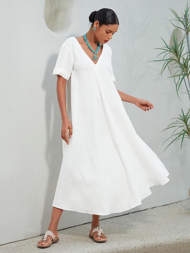  فستان ماكسي نسائي من مزيج الكتان باللون الأبيض ورقبة على شكل حرف V