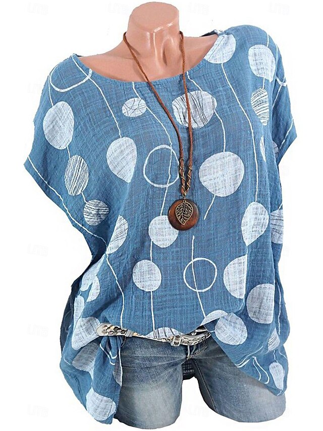 Women's Shirt Blouse Cotton Linen Shirts Polka Dot Casual Short Sleeve Crew Neck Regular Tops Daily Print White Blue Summer 5