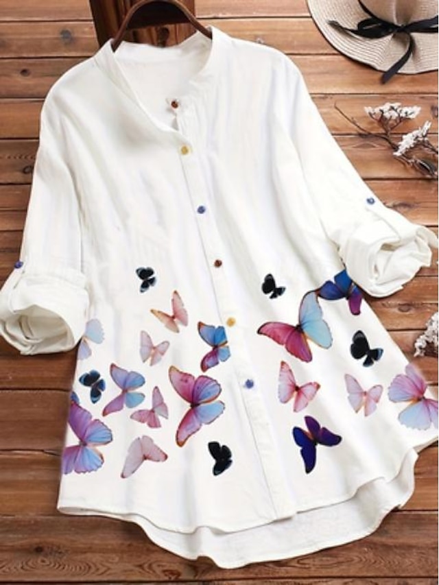  Shirt Women's White Butterfly Sexy Daily Daily Shirt Collar Loose Fit L