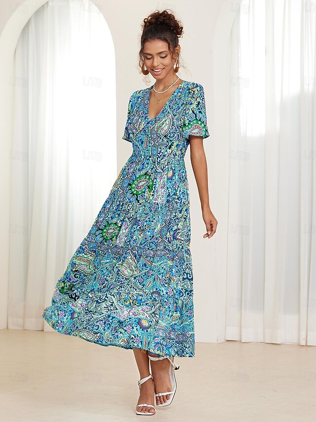 Paarse Midi Feestelijke Boho Lente Jurk Met V Hals main image 1
