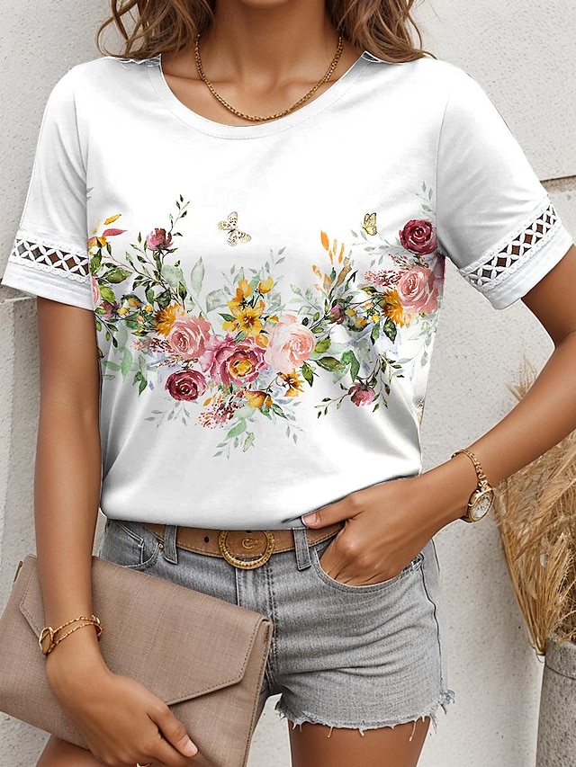  Damen T Shirt Blumen Spitze Bedruckt Täglich Wochenende Modisch Kurzarm Rundhalsausschnitt Weiß Sommer
