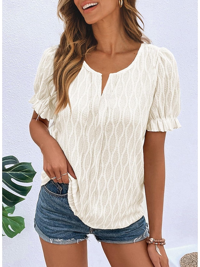  Damen Spitzen-T-Shirt Glatt Spitze Täglich Urlaub Modisch Puffärmel Kurzarm V Ausschnitt Weiß Sommer