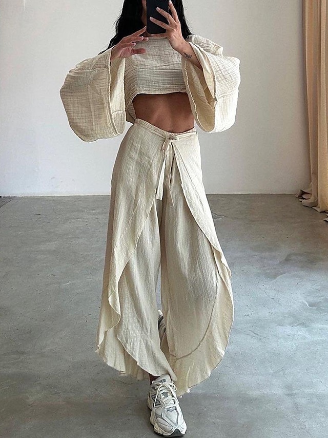  Women's Fashion Shirt Two Piece Sets Pants Sets Pants Trousers Long Sleeve Round Neck Plain Ruffle Split Holiday Weekend Black Brown Beige Spring & Summer Regular Fit