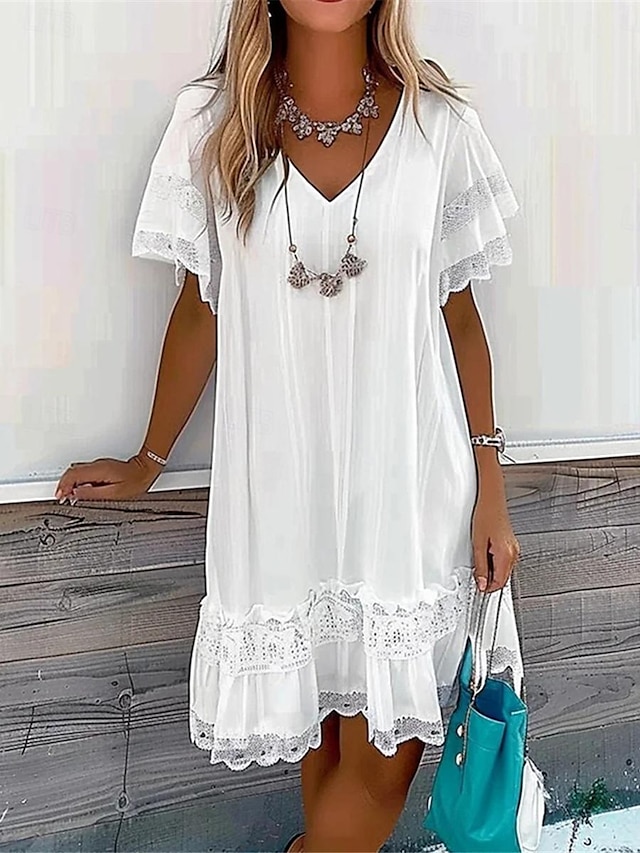  Pentru femei Rochie albă Rochie Mini Dantelă Peteci Vacanță Casual În V Manșon scurt Alb Culoare
