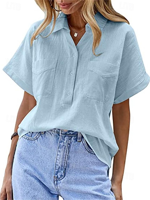  Mulheres Camisa Social Blusa Lençóis de algodão Tecido Botão Bolsos Diário Casual Manga Curta Colarinho de Camisa Preto Verão