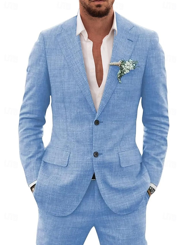  חליפות פשתן לגברים חליפות חתונת חוף קיץ 2 חלקים בצבע אחיד בהתאמה אישית עם שני כפתורים חד חזה 2024