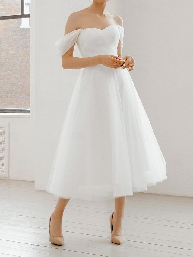  A-Line Little White Dress Wedding Dresses Graduation Dress Off Shoulder Sleeveless Tea Length Chiffon Bridal Gowns With Ruched 2024