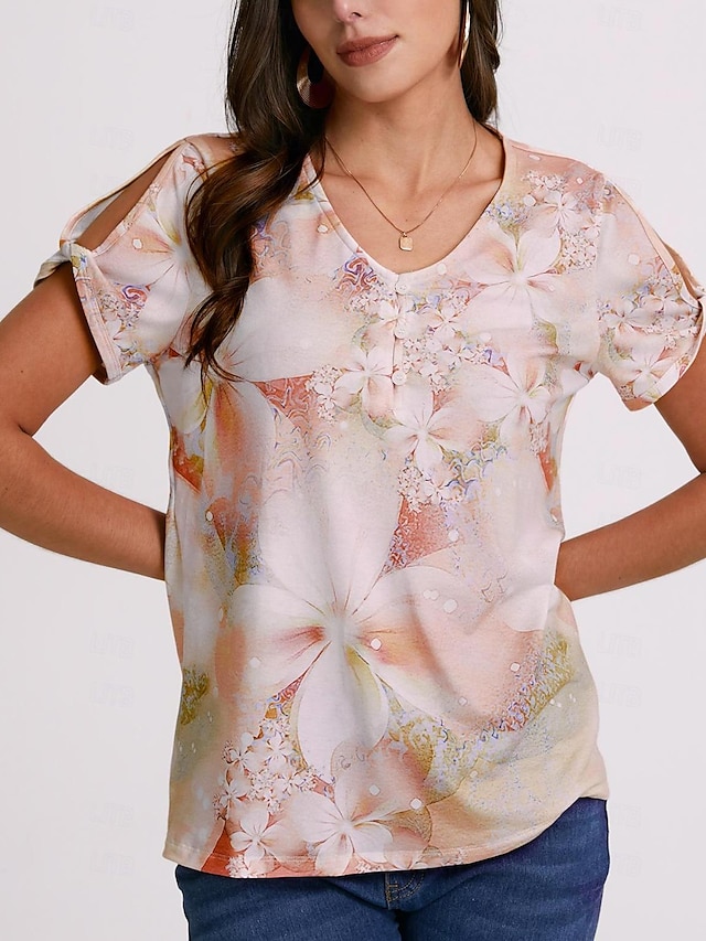  Mulheres Camiseta Camisa Henley Floral Botão Com Corte Imprimir Feriado Final de semana Básico Neon & Bright Manga Curta Decote V Rosa