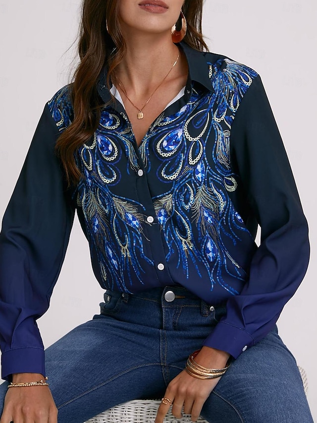  Damen Hemd Bluse Feder Taste Bedruckt Casual Täglich Basic Langarm Hemdkragen Blau Herbst Winter