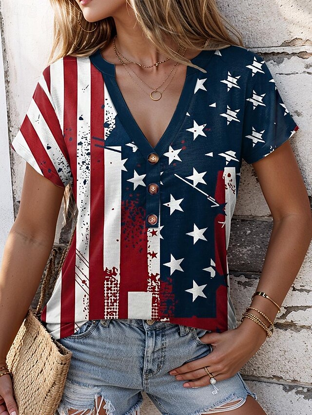 Women's Patriotic  T Shirt American Flag Stylish Red White And Blue Short Sleeve V Neck Regular Tops Daily Buttons Print Blue Summer4