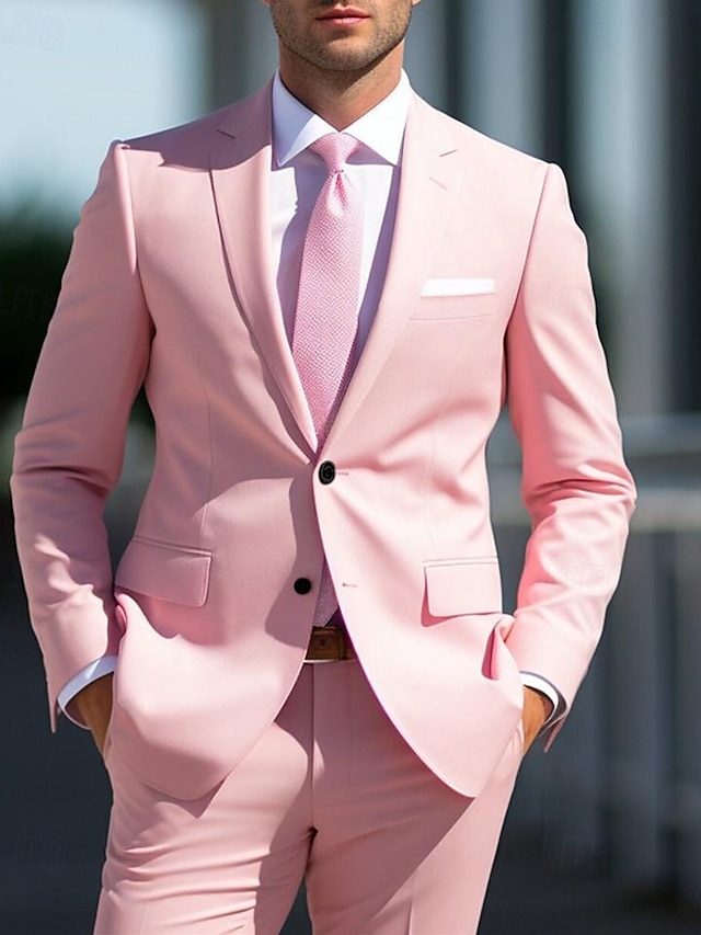  أبيض وردي بلاشيهغ أزرق بحري ملك الرجال زفاف بدلة لون سادة 2 قطعة مجموعة يوميا الأعمال التجارية قياس كبير زر واحد برستد 2024