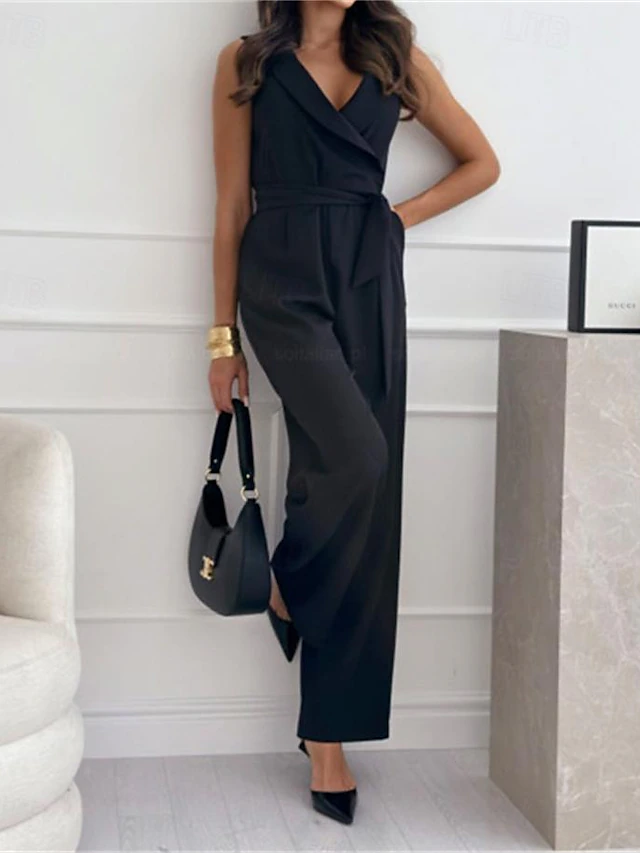 Women's Normal Jumpsuit Elegant Solid Color Sleeveless Straight V Neck Pocket Daily Regular Fit Black White Fuchsia Summer 5