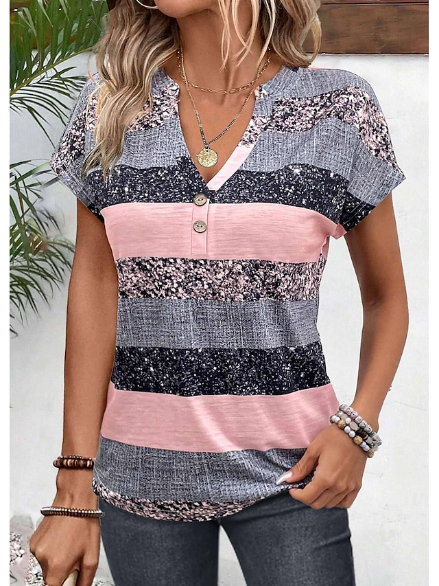  Women's T shirt Tee Color Block Button Print Daily Weekend Fashion Short Sleeve V Neck Pink Summer