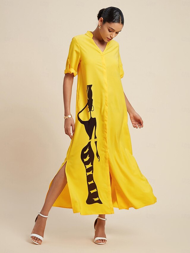  Dames Zoom Maxi Maxi-jurk Geel Korte mouw Grafische prints Karakters Dichtknopen Zak Zomer V-hals Jurken XS S M