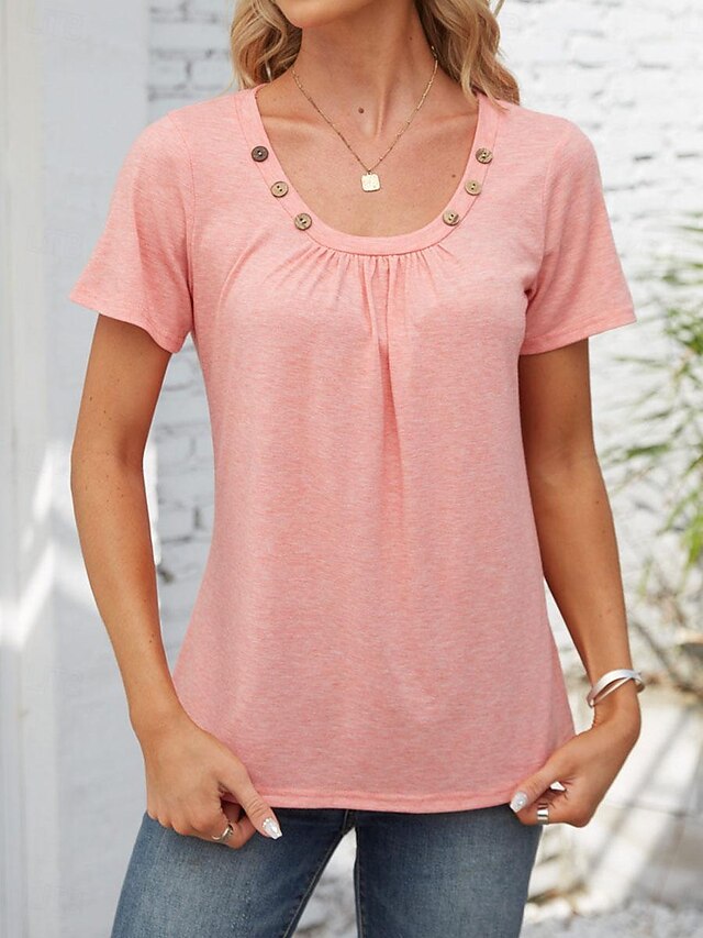 Women's Tunic Plain Stylish Short Sleeve Crew Neck Regular Tops Daily Buttons White Pink Khaki Gray Summer Spring Fall 7