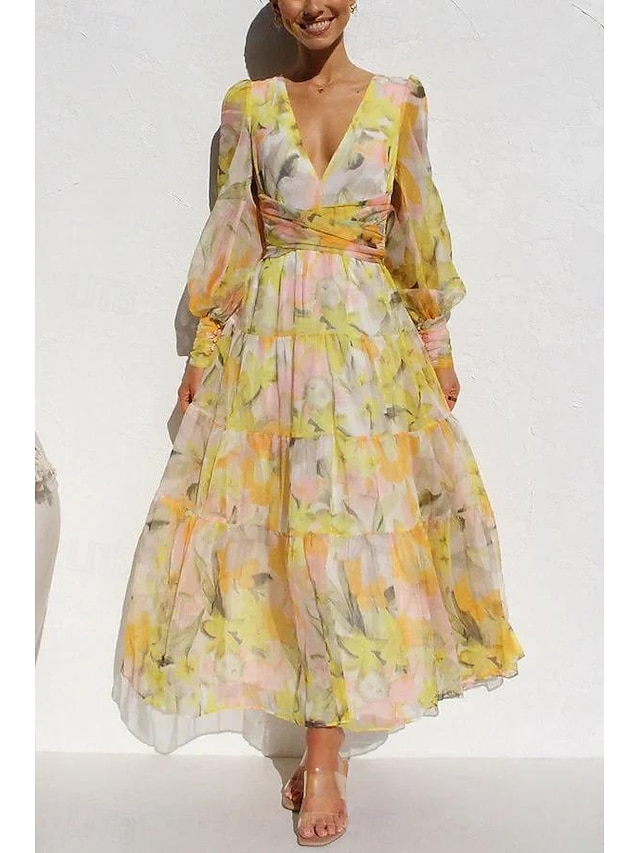  A-Line Wedding Guest Dresses Floral Dress Holiday Summer Ankle Length Long Sleeve V Neck Polyester with Floral Print 2024