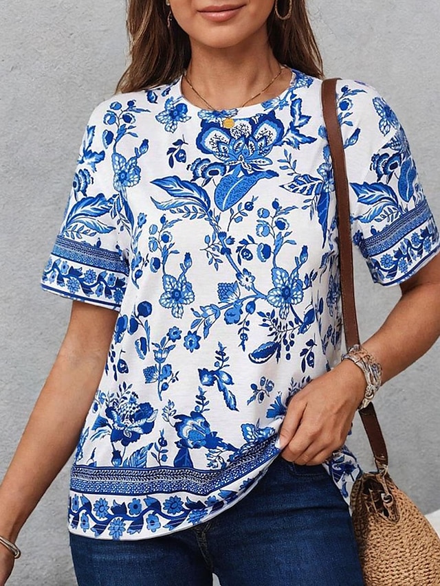  Γυναικεία Μπλουζάκι Φλοράλ Καθημερινά Στυλάτο Κοντομάνικο Στρογγυλή Ψηλή Λαιμόκοψη Θαλασσί Καλοκαίρι