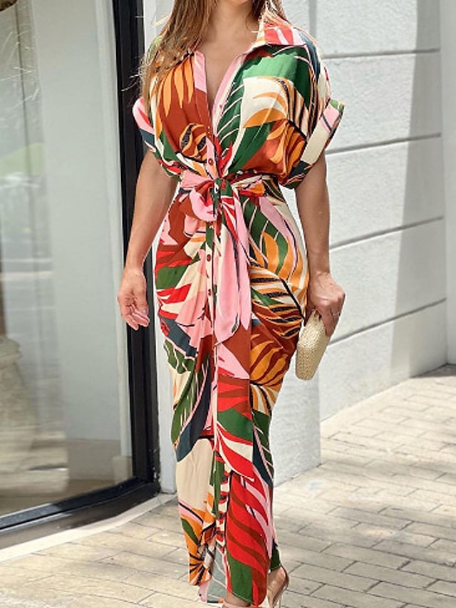  T-shirt Robe Robe d'été Robe imprimée Femme Floral Feuille Ruché Bouton Col de Chemise Elégant Mode Travail du quotidien Manche Courte Standard Jaune Rose Claire Rouge Eté Printemps S M L XL XXL